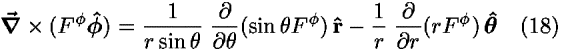 [bold del]-vector  � (<i>F</i><sup><i>phi</i></sup><b> <i>phi</i>-hat </b>) = (1/(<i>r</i> sin  <i>theta</i>)) (([partial-derivative])/([partial-derivative] <i>theta</i>))(sin  <i>theta</i> <i>F</i><sup><i>phi</i></sup>) <b>r-hat </b>�(1/<i>r</i>) (([partial-derivative])/([partial-derivative]<i>r</i>))(<i>r</i><i>F</i><sup><i>phi</i></sup>) <b> <i>theta</i>-hat </b>