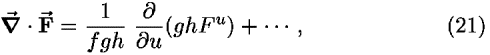 [bold del]-vector  � <b>F-vector </b> = (1/<i>f</i><i>g</i><i>h</i>) (([partial-derivative])/([partial-derivative]<i>u</i>))(<i>g</i><i>h</i><i>F</i><sup><i>u</i></sup>) + [centered ellipsis] ,